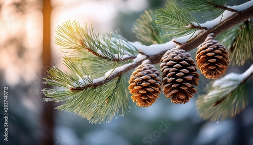 Close Up Of Pine Cones And Needles On A Tree Branch In A Winter Forest