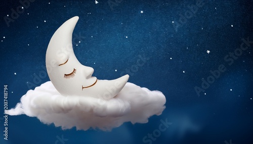 A Dreamy Crescent Moon With Closed Eyes Rests On A Fluffy Cloud Under A Starry Night Sky Illustration