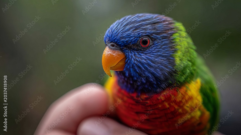 Obraz premium A vibrant rainbow lorikeet perched on a person's hand in a natural setting