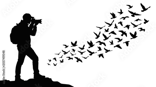 Photos Photographer With Camera And Flying Birds Silhouette On White Background