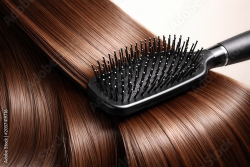 Smooth brown hair brushing with black paddle brush close up shine care beauty routine healthy look