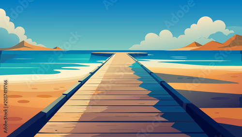 Wooden pier extending into clear blue ocean on sunny day with landscape vacation tropical seascape adventure paradise coastline destination platform outdoors illustration background