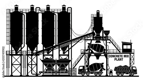 Bild auf Leinwand Concrete Mix Plant Silhouette On White Background Industrial Facility
