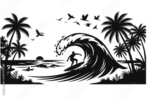 Surfer riding big ocean wave on tropical beach with palm trees
