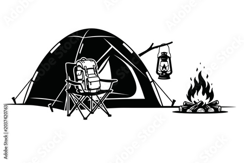 Outdoor camping scene with tent campfire and backpack