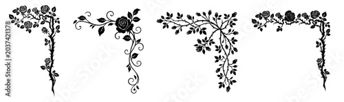 Foto Rose thorny branch corner borders with leaves and tendrils silhouette collection