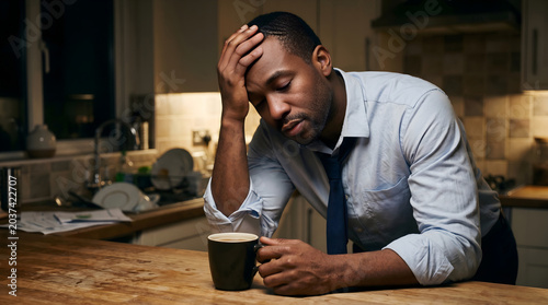 Tired businessman with headache in kitchen at night in warm soft lighting for business stress
