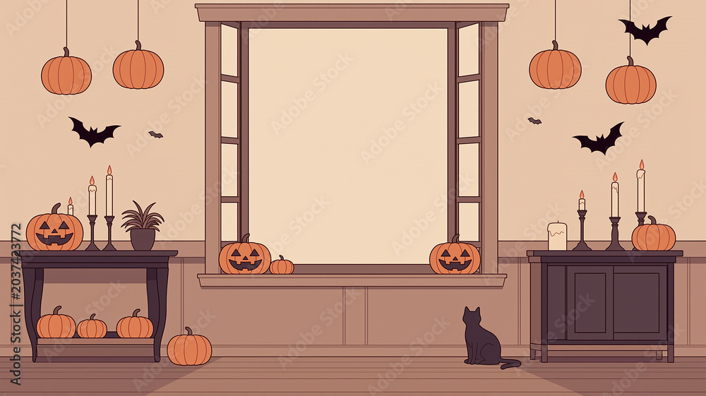 Obraz premium ハロウィーンモチーフで飾られた部屋の背景イラスト。かぼちゃ、室内装飾、ガーランド、インテリア、暮らし、住宅、リビング、寝室、壁、窓、ドア、棚、ソファ、ベッド、季節イベント、秋、かわいい、シンプル、背景素材、挿絵、カード、バナー、広告、チラシ、販促、ブログ、SNS、動画背景、壁紙用途にも使いやすい汎用デザイン素材です。空間演出の参考素材としても活用できます。シーズン訴求