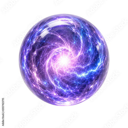 A vibrant purple galaxy swirls inside a glowing sphere, showcasing mesmerizing cosmic patterns.