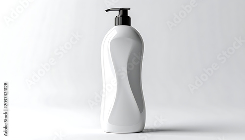 Isolated modern white cosmetic bottle with black pump dispenser, smooth curved design, product packaging mockup on a clean neutral background