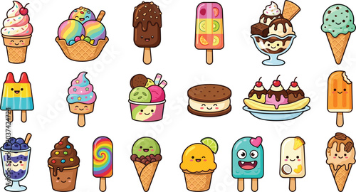 Foto Cute kawaii ice cream and popsicle vector illustration set, cartoon summer desse