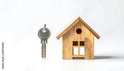 Isolated small wooden house model with a metal key, symbolizing homeownership, real estate investment, and property.