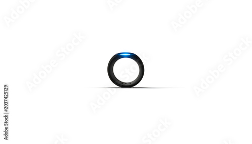 Isolated smart ring with blue illuminated indicator light and textured band on a neutral background