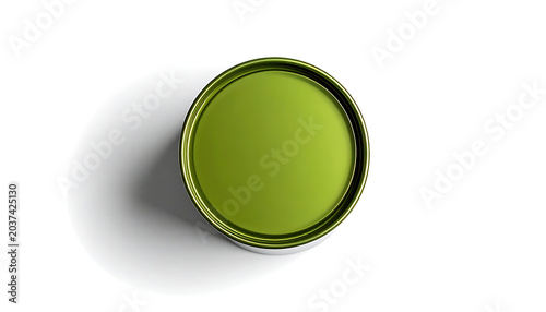Isolated open paint can with green paint and a brushed metal rim, casting a soft shadow