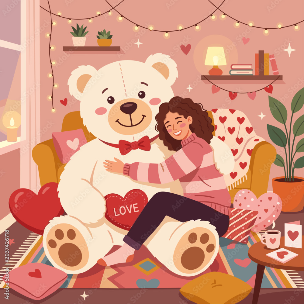 Fototapeta premium Girl hugging giant teddy bear in cozy room for Valentines Day