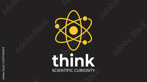 A minimalist atom symbol logo with think and SCIENTIFIC CURIOSITY text representing science innovation and intellectual thought on a black background