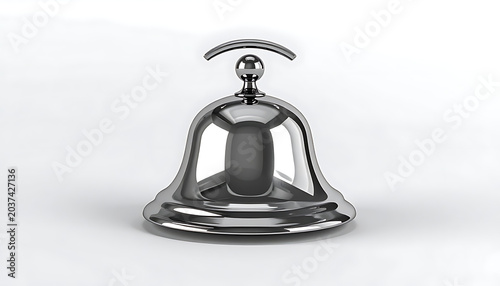 Isolated shiny silver service bell, hotel reception desk bell, ringing sound, attention, request, customer service icon, vintage object