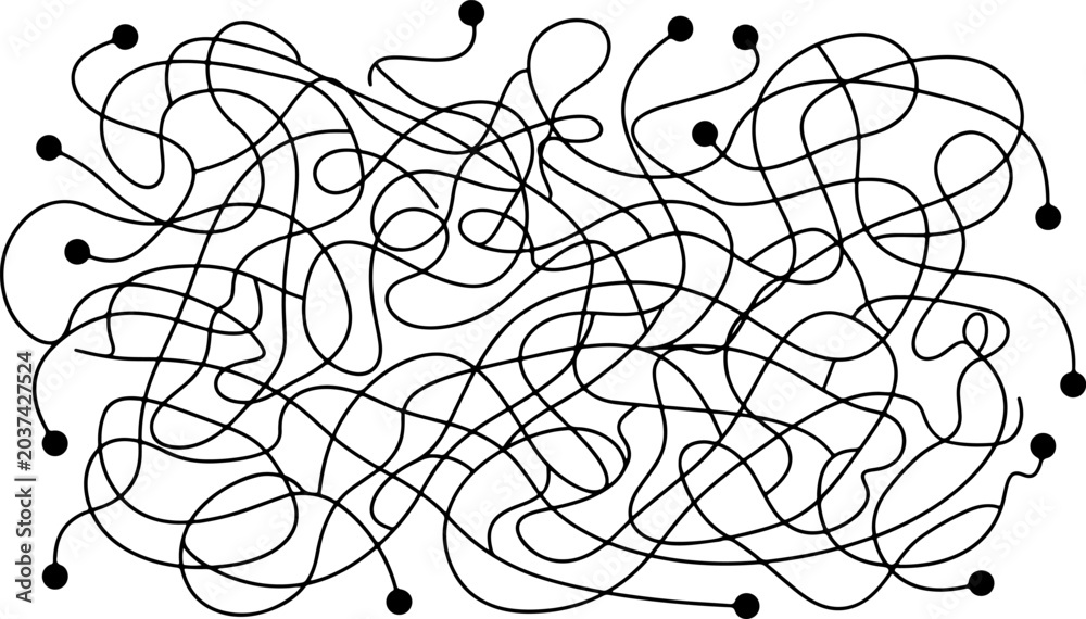 Obraz premium Abstract tangled mess complex thread lines concept vector illustration featuring chaotic scribble knot with nodes isolated on white background for problem solving business challenge,