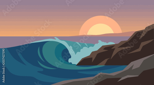 Foto Ocean Wave Crashing on Rocky Shoreline at Dawn
