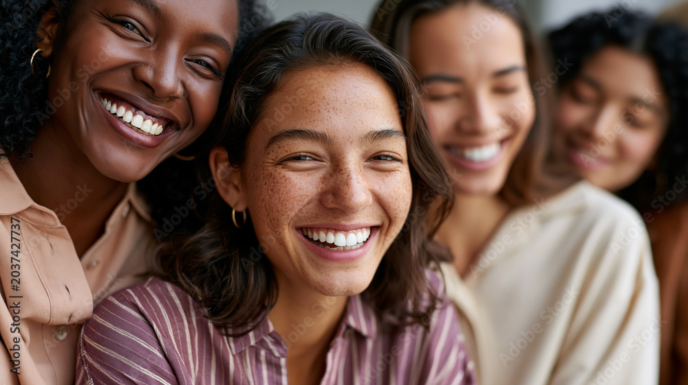 Fototapeta premium A diverse group of confident people with real skin textures pose together in a bright clean studio with warm pastel colors relaxed expressions minimal makeup natural