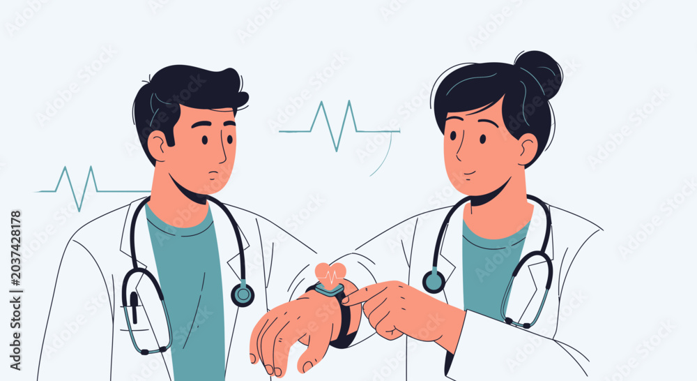 Fototapeta premium Doctors checking health data on smartwatch with heart rate graph