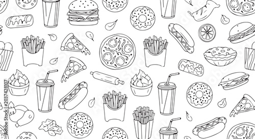 Black and White Fast Food Line Art Seamless Vector Pattern Design