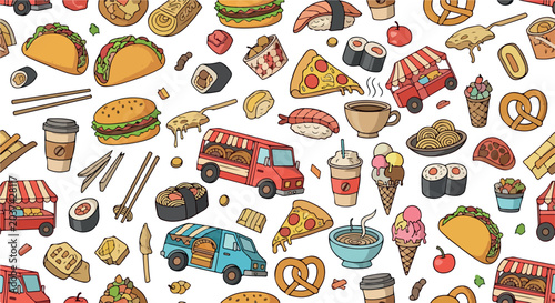 Creative Street Food Festival Doodle Seamless Vector Pattern Illustration Design