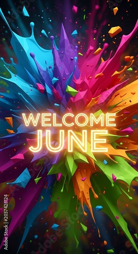 Colorful abstract digital welcome banner with text and floral design.