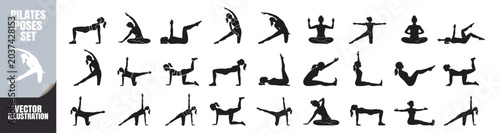 Foto Silhouettes of women performing pilates stretches and balanced poses in a variety of positions