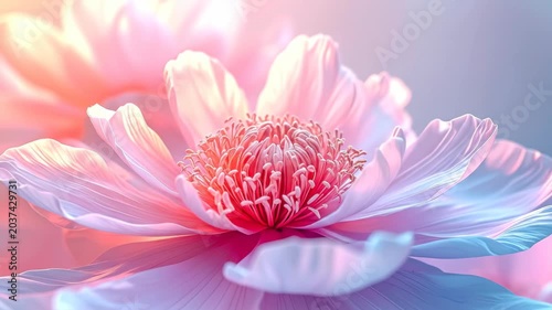 Close-up of a Beautiful Pink and White Flower Blooming in Soft Light.