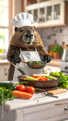 A rodent in chef attire prepares vegetables in kitchen