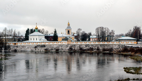 The Msta River and the Holy Spirit Jacob Borovichi Monastery. Borovichi, Novgorod Oblast, Russia