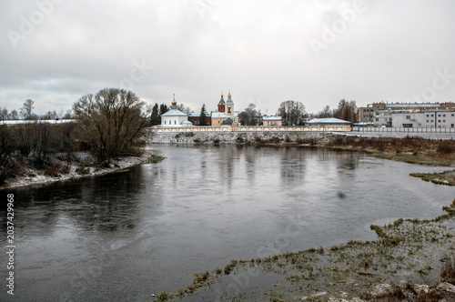 The Msta River and the Holy Spirit Jacob Borovichi Monastery. Borovichi, Novgorod Oblast, Russia