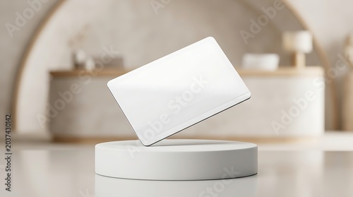 Blank white hotel key card floating on circular podium for hospitality mockup travel check-in guest access promotion