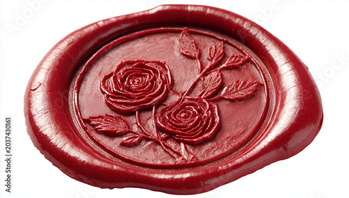 a red wax seal with a rose symbol and laurel wreath, clipart on a white background.