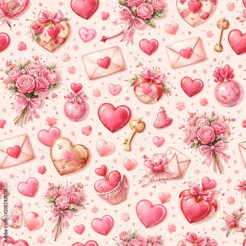 Romantic valentine pattern with hearts roses envelopes gifts and love symbols seamless background