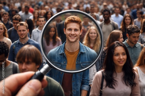 Magnifying glass focusing on smiling man in crowd concept of search recruitment and targeting