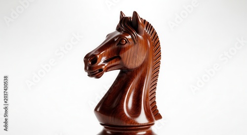 Close-up of a polished wooden chess knight piece on a white background.