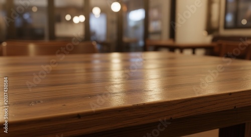 Close-up of a polished wooden table in a dimly lit restaurant with bokeh background lights.