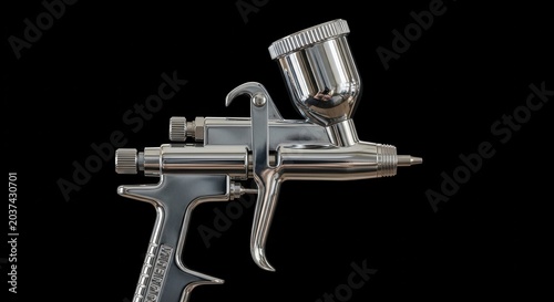 Close-up of a professional airbrush gun tool on a black background.