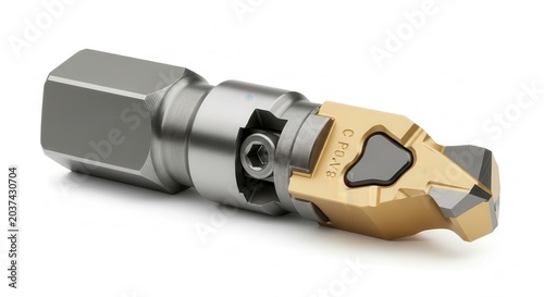 Close-up of a precision metal cutting tool with interchangeable insert on a white background.