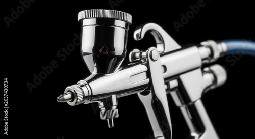 Close-up of a professional airbrush gun with a black background.