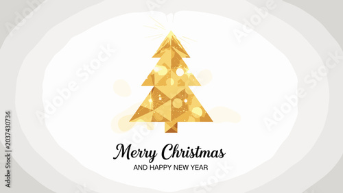 Festive merry christmas and happy new year greeting card design with a golden geometric Christmas tree and sparkles on a light background.