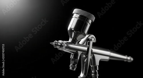 Close-up of a professional airbrush tool with a dark background and spotlight effect.