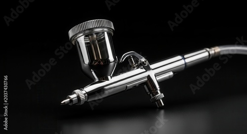 Close-up of a professional airbrush tool with a clear paint reservoir against a dark background.