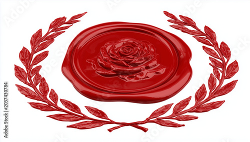 a red wax seal with a rose symbol and laurel wreath, clipart on a white background.