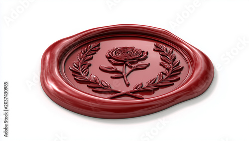a red wax seal with a rose symbol and laurel wreath, clipart on a white background.