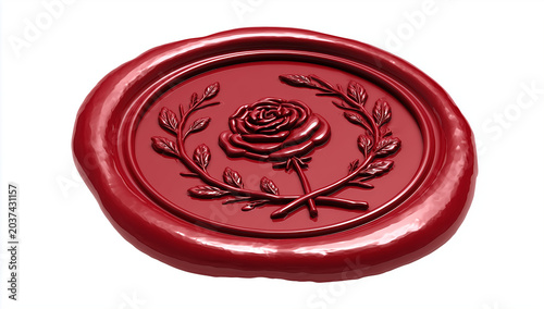 a red wax seal with a rose symbol and laurel wreath, clipart on a white background.