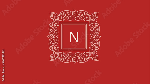 Elegant monogram with letter N inside a white decorative frame centered on a solid red background for luxury branding.