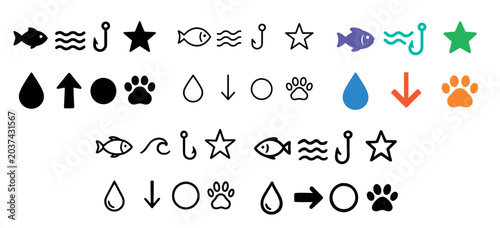 Pet and nautical icons with fish paw drop outline